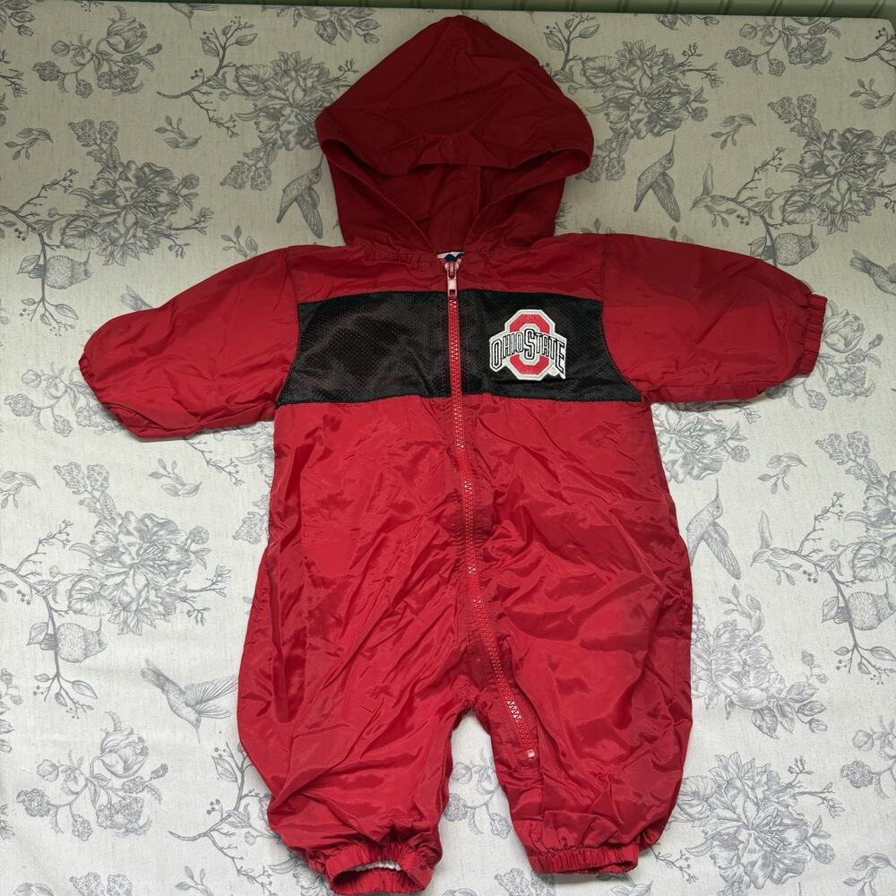 Vtg Ohio State Buckeyes Baby Windbreaker Romper 6-9 Months Red Embroidered Logo
